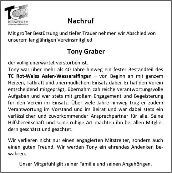 Traueranzeige von Tony Graber von Schwäbische Post