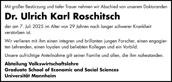 Traueranzeige von Ulrich Karl Roschitsch von Schwäbische Post