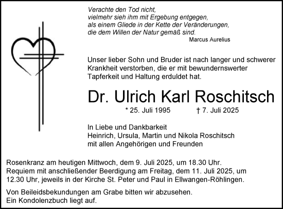 Traueranzeige von Ulrich Karl Roschitsch von Schwäbische Post