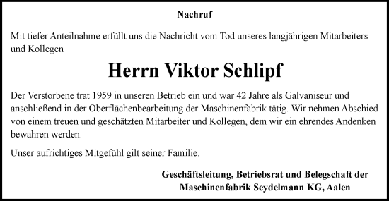 Traueranzeige von Viktor Schlipf von Schwäbische Post