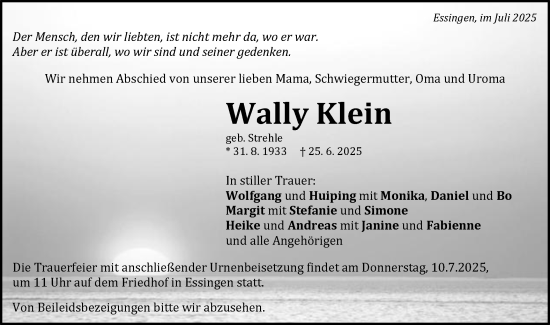 Traueranzeige von Wally Klein von Schwäbische Post