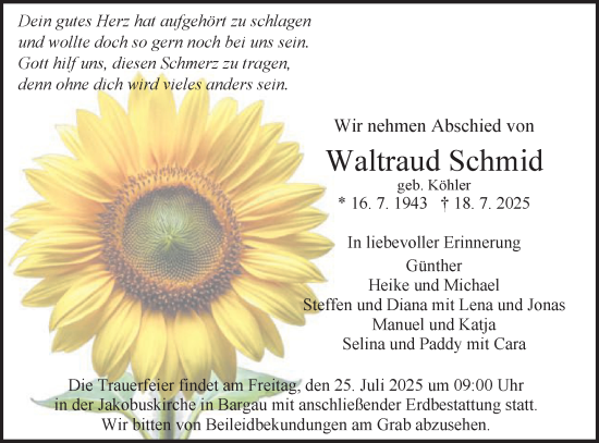 Traueranzeige von Waltraud Schmid von Gmünder Tagespost