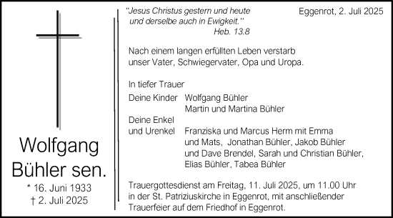 Traueranzeige von Wolfgang Bühler sen. von Schwäbische Post
