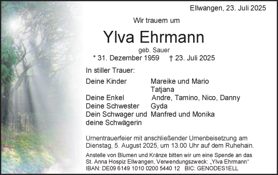 Traueranzeige von Ylva Ehrmann von Schwäbische Post