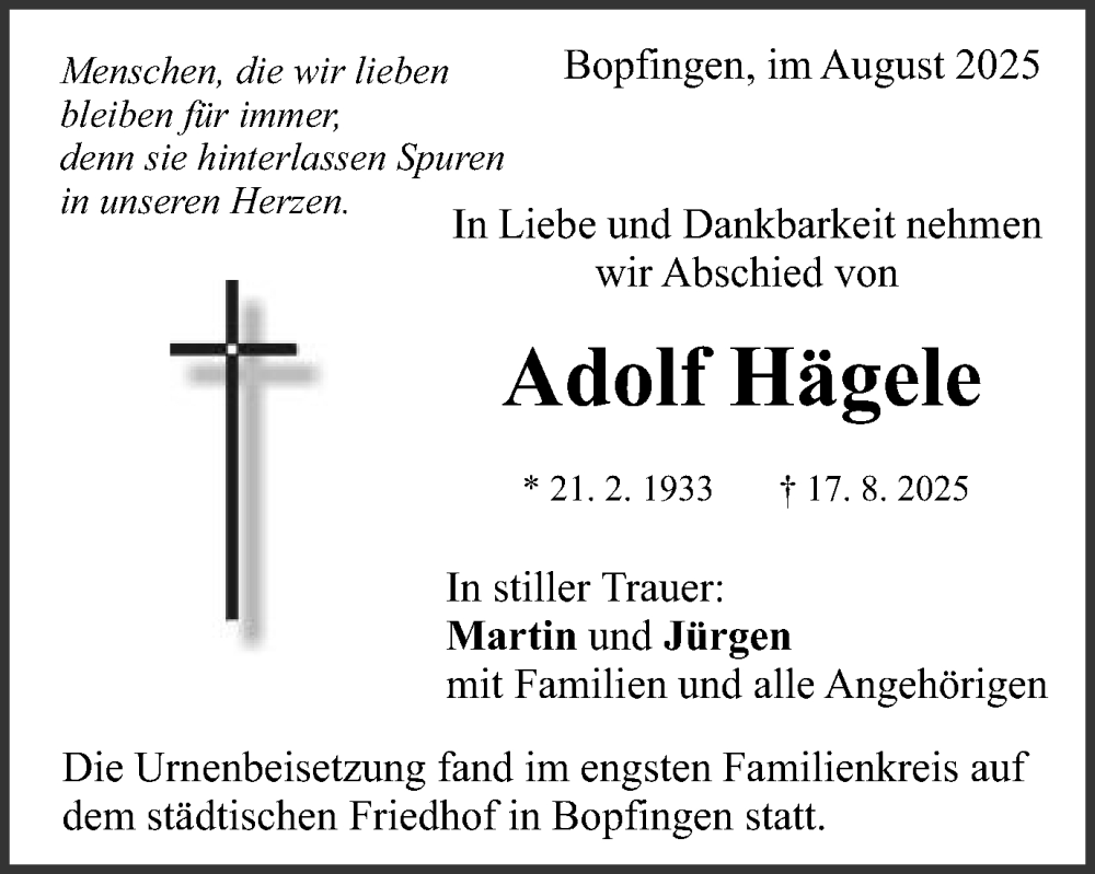 Traueranzeige für Adolf Hägele vom 28.08.2025 aus Schwäbische Post