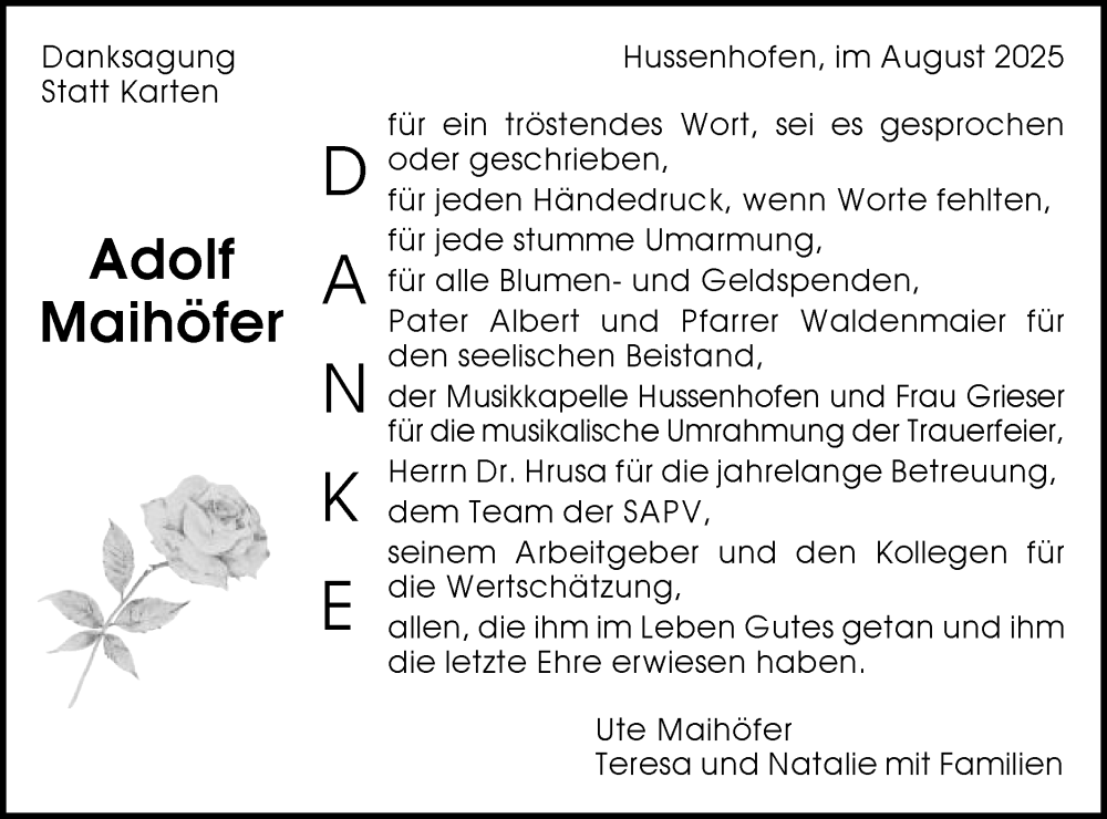  Traueranzeige für Adolf Maihöfer vom 09.08.2025 aus Gmünder Tagespost