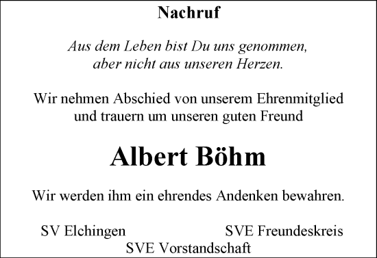 Traueranzeige von Albert Böhm von Schwäbische Post