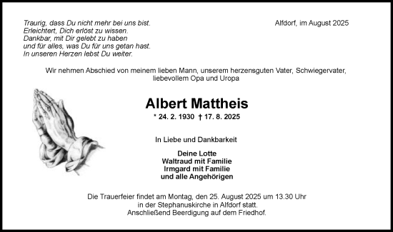 Traueranzeige von Albert Mattheis von Gmünder Tagespost
