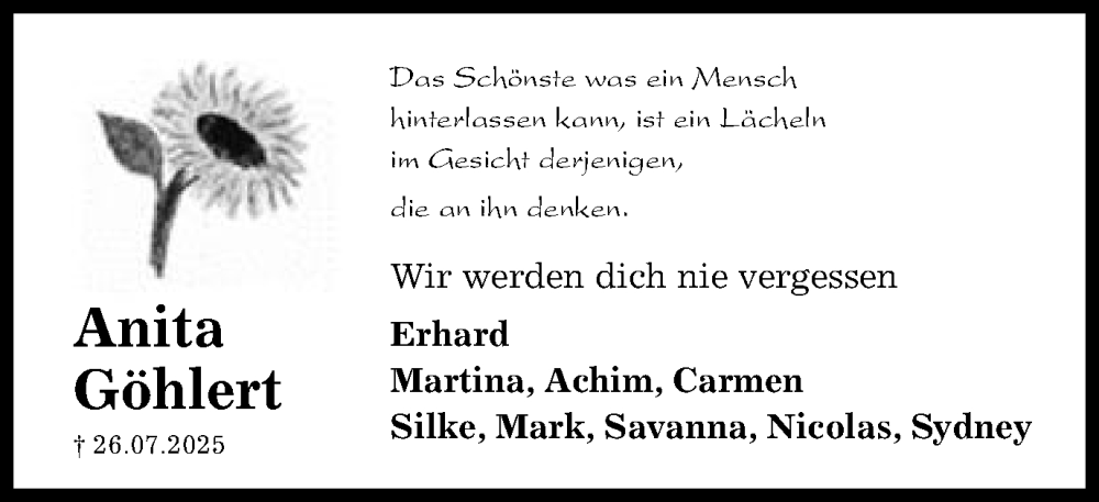  Traueranzeige für Anita Göhlert vom 07.08.2025 aus Schwäbische Post