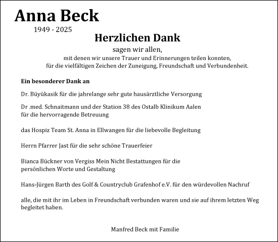 Traueranzeige von Anna Beck von Gmünder Tagespost