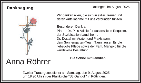 Traueranzeige von Anna Röhrer von Schwäbische Post