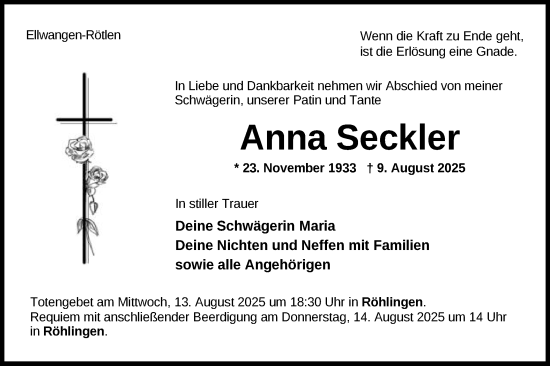 Traueranzeige von Anna Seckler von Schwäbische Post