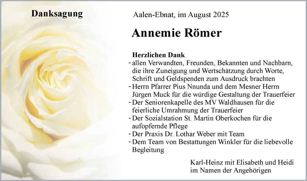  Traueranzeige für Annemie Römer vom 06.08.2025 aus Schwäbische Post