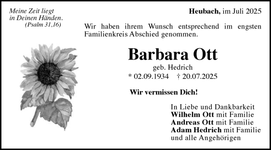 Traueranzeige von Barbara Ott von Gmünder Tagespost