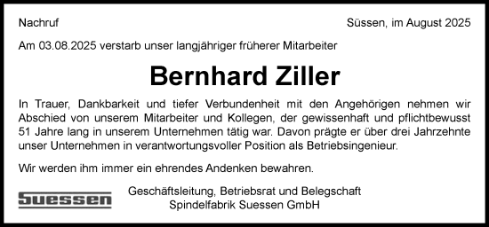 Traueranzeige von Bernhard Ziller von Gmünder Tagespost
