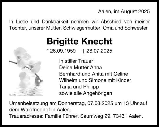 Traueranzeige von Brigitte Knecht von Schwäbische Post