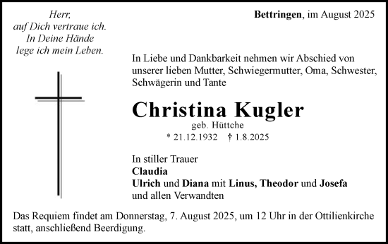 Traueranzeige von Christina Kugler von Gmünder Tagespost