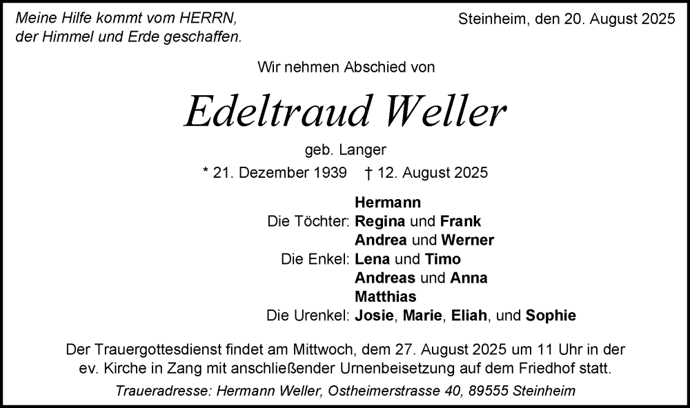 Traueranzeige für Edeltraud Weller vom 20.08.2025 aus Schwäbische Post