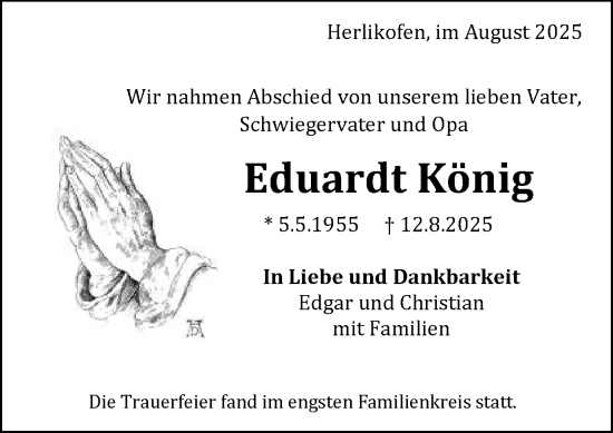 Traueranzeige von Eduardt König von Gmünder Tagespost