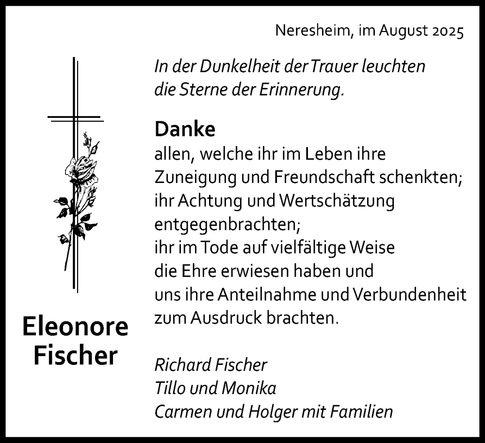  Traueranzeige für Eleonore Fischer vom 09.08.2025 aus Schwäbische Post