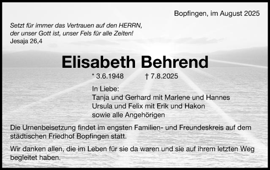 Traueranzeige von Elisabeth Behrend von Schwäbische Post