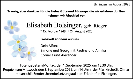 Traueranzeige von Elisabeth Bolsinger von Schwäbische Post