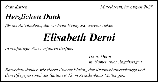 Traueranzeige von Elisabeth Deroi von Gmünder Tagespost