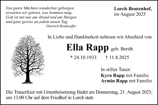 Traueranzeige von Ella Rapp von Gmünder Tagespost