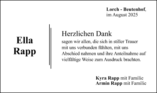Traueranzeige von Ella Rapp von Gmünder Tagespost
