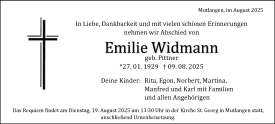 Traueranzeige von Emilie Widmann von Gmünder Tagespost