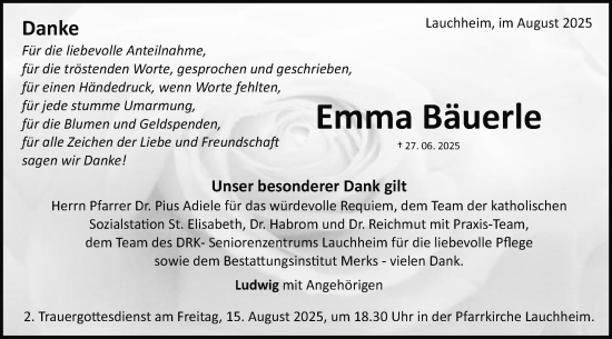 Traueranzeige von Emma Bäuerle von Schwäbische Post