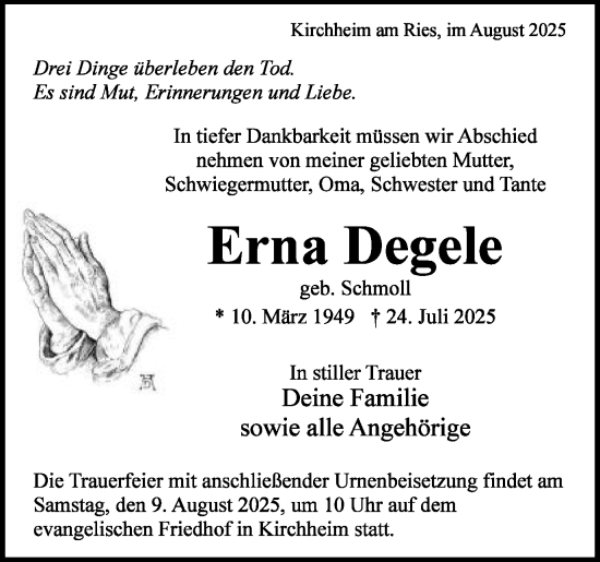 Traueranzeige von Erna Degele von Schwäbische Post