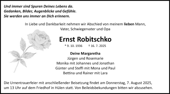 Traueranzeige von Ernst Robitschko von Schwäbische Post
