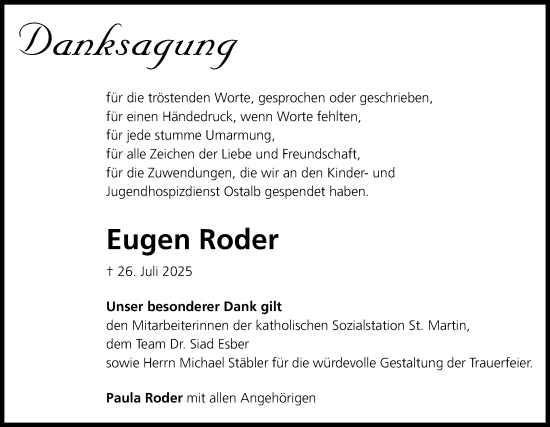 Traueranzeige von Eugen Roder von Schwäbische Post