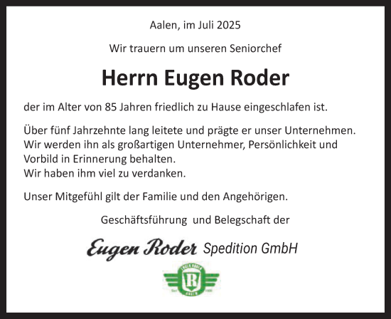 Traueranzeige von Eugen Roder von Schwäbische Post