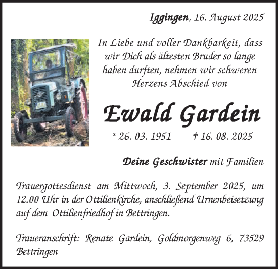 Traueranzeige von Ewald Gardein von Gmünder Tagespost