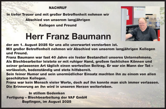 Traueranzeige von Franz Baumann von Schwäbische Post