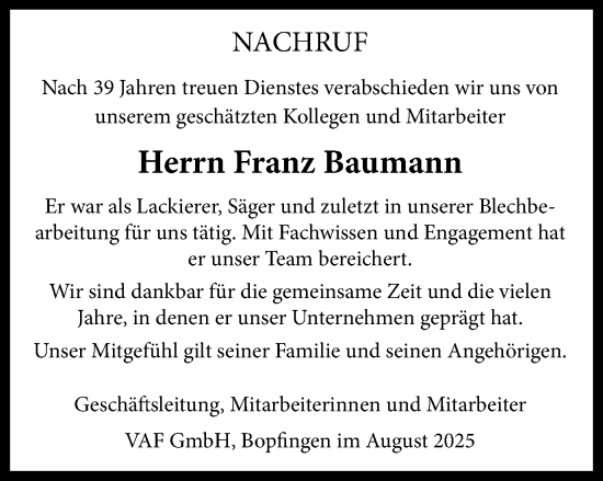 Traueranzeige von Franz Baumann von Schwäbische Post