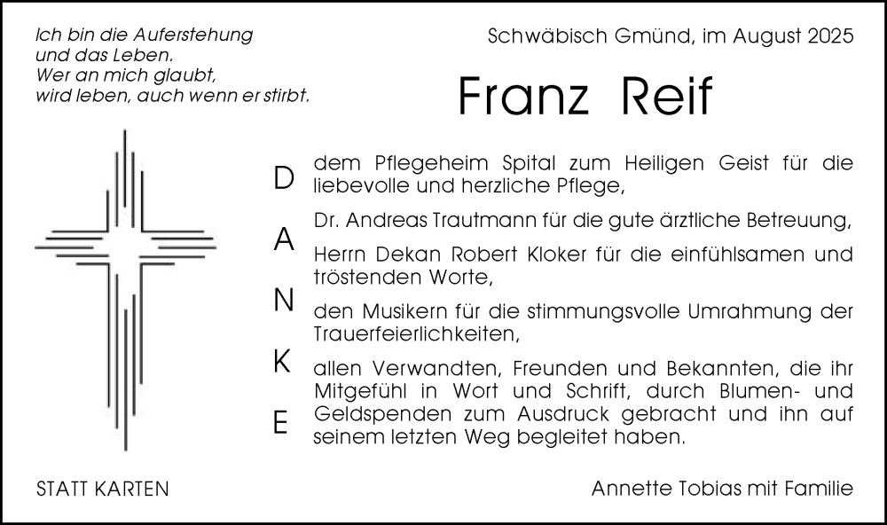  Traueranzeige für Franz Reif vom 02.08.2025 aus Gmünder Tagespost