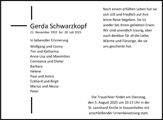 Traueranzeige von Gerda Schwarzkopf von Gmünder Tagespost