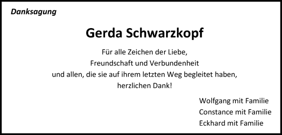 Traueranzeige von Gerda Schwarzkopf von Gmünder Tagespost