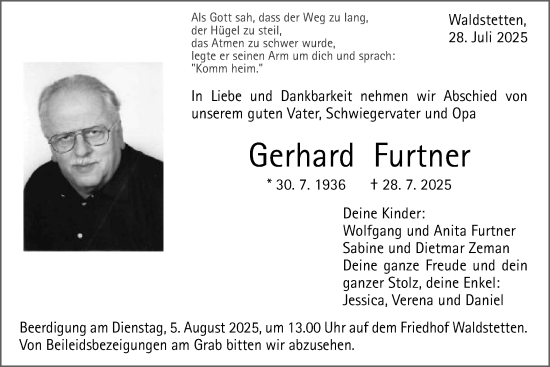 Traueranzeige von Gerhard Furtner von Gmünder Tagespost