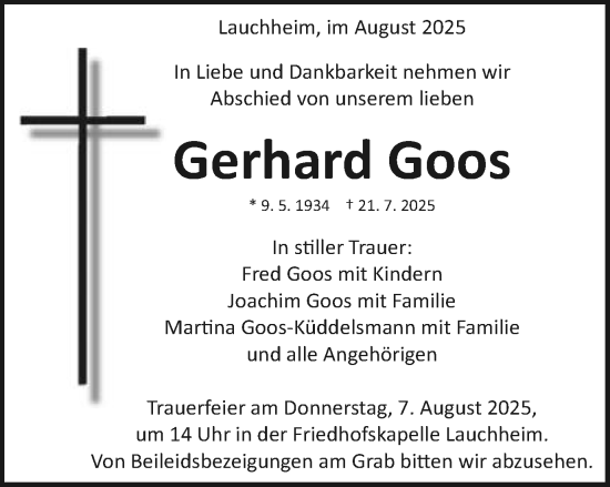 Traueranzeige von Gerhard Goos von Schwäbische Post