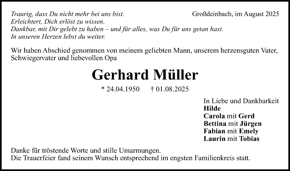  Traueranzeige für Gerhard Müller vom 12.08.2025 aus Gmünder Tagespost
