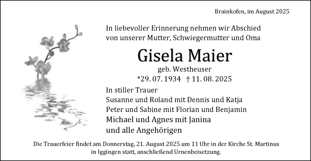  Traueranzeige für Gisela Maier vom 16.08.2025 aus Gmünder Tagespost