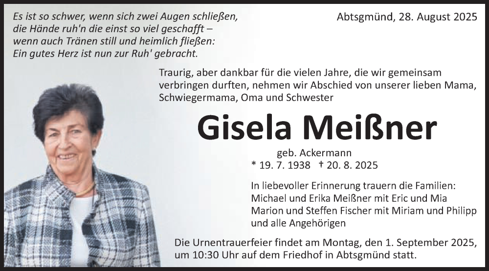  Traueranzeige für Gisela Meißner vom 28.08.2025 aus Schwäbische Post