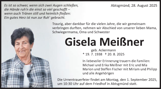Traueranzeige von Gisela Meißner von Schwäbische Post