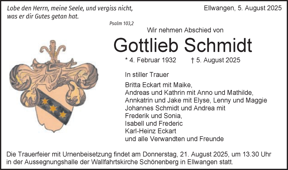  Traueranzeige für Gottlieb Schmidt vom 16.08.2025 aus Schwäbische Post