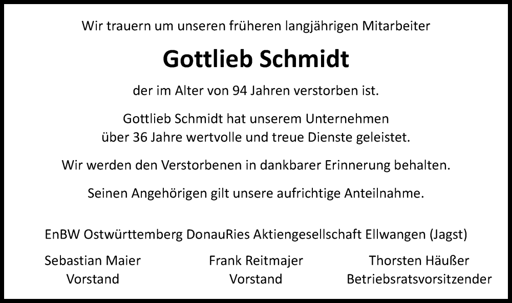  Traueranzeige für Gottlieb Schmidt vom 18.08.2025 aus Schwäbische Post