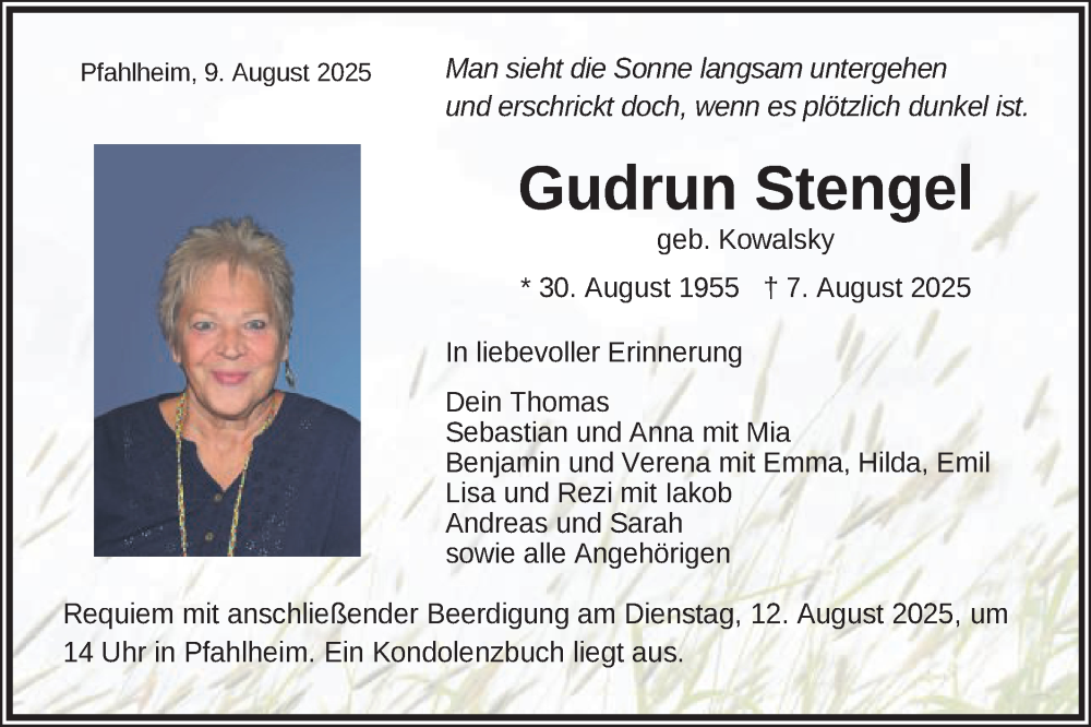  Traueranzeige für Gudrun Stengel vom 09.08.2025 aus Schwäbische Post